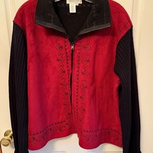 Coldwater Creek Faux Suede w/ Knit Sleeves Embroidered Zip Up
Jacket Red & Black